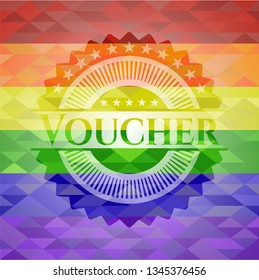 Voucher emblem on mosaic background with the colors of the LGBT flag