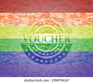 Voucher emblem on mosaic background with the colors of the LGBT flag