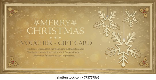 Voucher gift card flake gold Merry Christmas vector Greeting Cards 