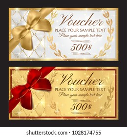 Voucher, Gift certificate, Coupon, Holiday reward card template. White and gold background design with red bow (ribbon)  for ticket, money design, check (cheque)