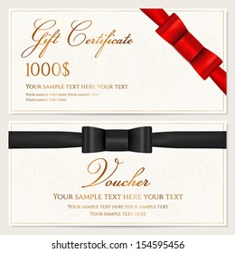 Voucher, Gift certificate, Coupon, Invitation or Gift card template with red / black (bow tie) bow (ribbon), floral (scroll) pattern, gold text. Background design for banknote, check (cheque). Vector 