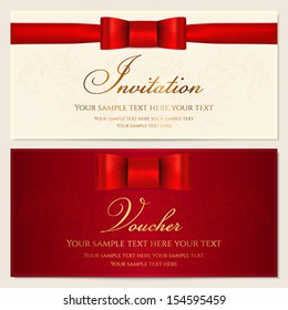 Voucher, Gift certificate, Coupon, Invitation or Gift card template with red bow (ribbon) and floral (scroll) pattern. Background design for banknote, check (cheque). Vector in red (maroon) colors