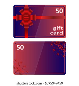 Voucher, Gift certificate, Coupon template with border, frame, bow (ribbons), floral pattern. Background design for invitation, currency, check. Card in blue red (maroon) colors. Vector Illustration