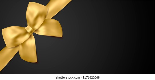 Voucher, Gift certificate, Coupon template. Gold bow, golden ribbon on black background. Blank vector design gift card