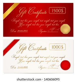Voucher, Gift certificate, Coupon template with ribbon, seal wax. Background design for invitation, banknote, diploma, money design, currency, check, ticket. Vector in gold, red (maroon) colors