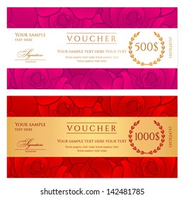Voucher (Gift certificate, Coupon) template with floral pattern, red rose, stylized flower. Background design for invitation, banknote, cheque (check), currency. Vector in gold, red colors