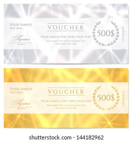 Voucher (Gift certificate, Coupon) template with abstract pattern, sparkling, twinkling stars. Background design for invitation, banknote, cheque (check), currency, banner. Gold, silver colors