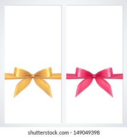 Voucher, Gift certificate, Coupon template with bow (ribbons, present). Background design for invitation, banknote, banner. Vector in gold, pink colors