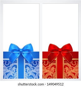 Voucher, Gift certificate, Coupon template with bow (ribbons, present). Background design for invitation, banknote, money design, currency, check (cheque). Vector in red, blue colors