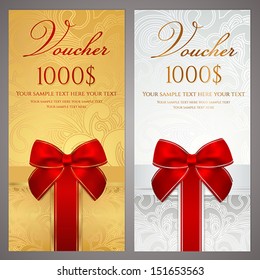 Voucher, Gift Certificate, Coupon Template With Gift Bow (ribbons, Present). Holiday (celebration) Background Design (Christmas, Birthday) For Invitation, Banner, Ticket. Vector In Silver, Gold Colors