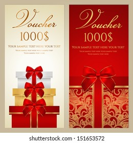 Voucher, Gift certificate, Coupon template with border, bow (ribbons, present). Holiday (celebration) background design (Christmas, Birthday) for invitation, banner, ticket. Vector in red, gold colors