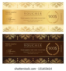 Voucher, Gift certificate, Coupon template with floral border. Background design for invitation, ticket, banknote, money design, currency, check (cheque). Vector in gold, dark brown colors