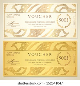 Voucher, Gift certificate, Coupon template. Floral, scroll pattern (border, frame). Background design for invitation, ticket, banknote, money design, currency, check (cheque). Vector in gold, color