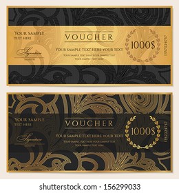 Voucher, Gift Certificate, Coupon Template. Floral, Scroll Pattern (bow, Frame). Background Design For Invitation, Ticket, Banknote, Money Design, Currency, Check (cheque). Black, Gold Vector 