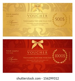 Voucher, Gift certificate, Coupon template. Floral, scroll pattern (bow, frame). Background design for invitation, ticket, banknote, money design, currency, check (cheque). Red, gold vector 