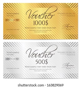 Voucher, Gift Certificate, Coupon Template With Stripe Pattern. Gold And Silver Background For Money Design, Currency, Note, Check (cheque), Ticket, Reward. Vector