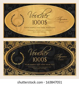 Voucher, Gift certificate, Coupon template. Floral, scroll pattern, gold ellipse frame. Black background design for invitation, ticket, banknote, money design, check (cheque). Vector