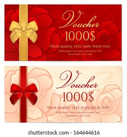 Voucher, Gift certificate, Coupon template with floral rose pattern, red and gold bow. Background for invitation, money design, currency, note, check (cheque), ticket, reward. Vector