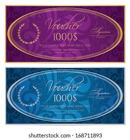 Voucher, Gift certificate, Coupon template. Floral, scroll pattern, violet ellipse frame. Blue background design for invitation, ticket, banknote, money design, check (cheque). Vector