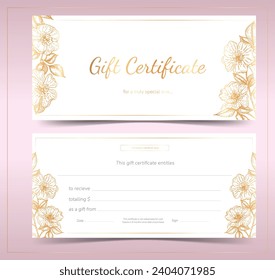 Voucher, Gift certificate, Coupon template with golden floral border frame. Elegant female background for invitation, ticket, reward. Hand-drawn vector flowers.