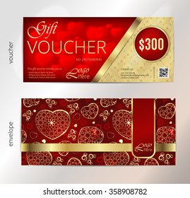 Voucher, Gift certificate, Coupon template. Vintage pattern. Background design for invitation, ticket, banknote, money design, currency, check (cheque). Red, gold vector