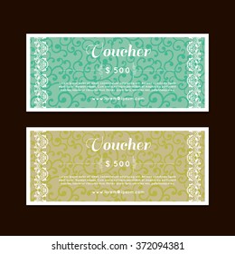 Voucher, Gift certificate, Coupon template. Floral, scroll pattern. Background design for invitation, ticket, banknote, money design, currency, check.  vector.