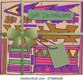 Voucher, Gift certificate, Coupon template with gift bow (ribbons, present). Holiday (celebration) background design for invitation, banner, ticket. Vector of bright hand drawn. Ethnic style