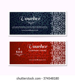 Voucher, Gift certificate, Coupon template. Floral, scroll pattern. Background design for invitation, ticket, banknote, money design, currency, check.  vector.