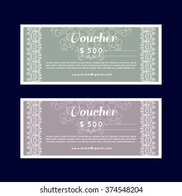 Voucher, Gift certificate, Coupon template. Floral, scroll pattern. Background design for invitation, ticket, banknote, money design, currency, check.  vector.