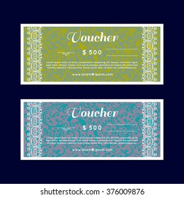 Voucher, Gift certificate, Coupon template. Floral, scroll pattern. Background design for invitation, ticket, banknote, money design, currency, check.  vector.