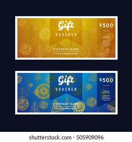 Voucher, Gift certificate and Coupon template. Floral, vintage ornament, christmas tree. Background design for invitation, ticket, banknote, money design, currency, check. Bright gold Vector.