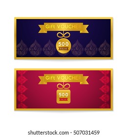 Voucher, Gift certificate and Coupon template. Floral, vintage ornament, pattern , frame. Background design for invitation, ticket, banknote, money design, currency, check. Bright gold Vector.
