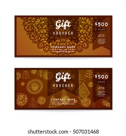 Voucher, Gift certificate and Coupon template. Floral, vintage ornament, christmas tree. Background design for invitation, ticket, banknote, money design, currency, check. Bright gold Vector.