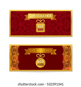 Voucher, Gift certificate and Coupon template. Floral, vintage ornament, pattern , frame. Background  for invitation, ticket, banknote, money design, currency, check. Bright gold Vector.