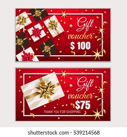 Voucher, Gift Certificate, Coupon Template With Frame, Bow, Ribbons, Present. Holiday Celebration Background Design Christmas, New Year, Birthday For Invitation, Banner. Vector In Red, Gold Colors