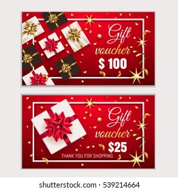 Voucher, Gift certificate, Coupon template with frame, bow, ribbons, present. Holiday celebration background design Christmas, New Year, Birthday for invitation, banner. Vector in red, gold colors