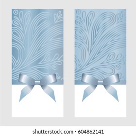 Voucher, Gift certificate, Coupon template with blue gift bow.  Blue background design for invitation, banner, ticket.