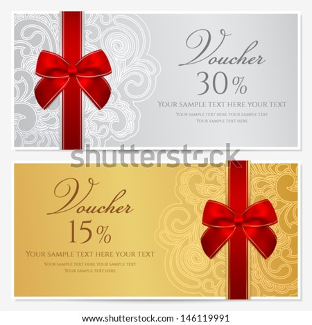 Voucher, Gift certificate, Coupon template with border, frame, bow (ribbons). Background design for invitation, banknote, money design, currency, check (cheque). Vector in gold, red (maroon) colors