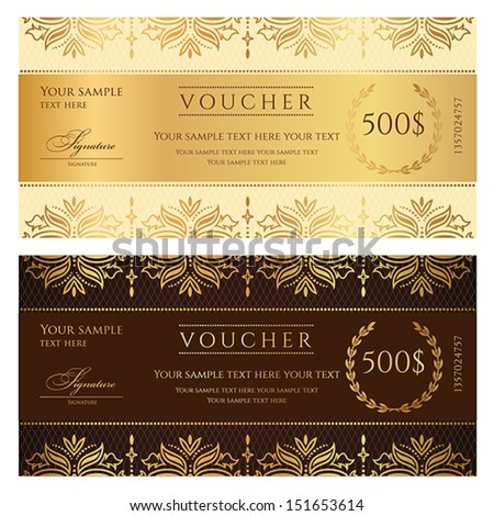 Voucher, Gift certificate, Coupon template with floral border. Background design for invitation, ticket, banknote, money design, currency, check (cheque). Vector in gold, dark brown colors