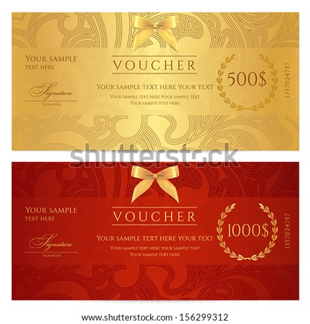 Voucher, Gift certificate, Coupon template. Floral, scroll pattern (bow, frame). Background design for invitation, ticket, banknote, money design, currency, check (cheque). Red, gold vector 