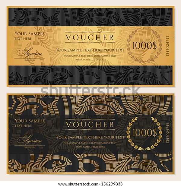 Voucher, Gift certificate, Coupon template. Floral,
scroll pattern (bow, frame). Background design for invitation,
ticket, banknote, money design, currency, check (cheque). Black,
gold vector 