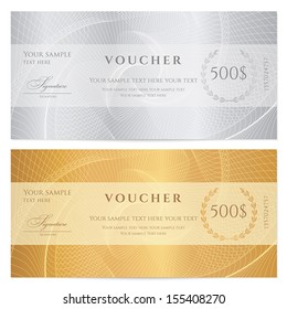 Voucher, Gift Certificate, Coupon, Ticket Template. Guilloche Pattern (watermark, Spirograph). Background For Banknote, Money Design, Currency, Bank Note, Check (cheque), Ticket. Gold, Silver Vector