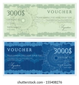 Voucher, Gift certificate, Coupon, ticket template. Guilloche pattern (watermark, spirograph). Background for banknote, money design, currency, bank note, check (cheque), ticket. Green, blue vector