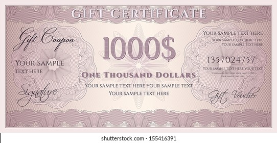 Voucher, Gift certificate, Coupon, ticket template. Guilloche pattern (watermark, spirograph). Background for banknote, money design, currency, bank note, check (cheque), ticket. Vector