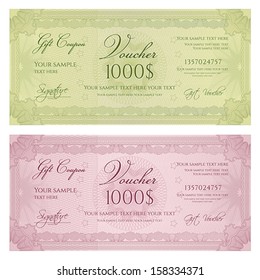 Voucher, Gift certificate, Coupon, ticket template. Guilloche pattern (watermark, spirograph). Currency, note, money design