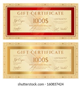 Voucher, Gift certificate, Coupon, ticket template. Guilloche pattern (watermark) with gold floral border, red frame. Vector background for banknote, money design, currency, bank note, check (cheque)