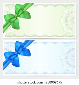 Voucher, Gift certificate, Coupon, ticket template. Guilloche pattern (watermark, spirograph) with bow (ribbon). Green, blue backgrounds for banknote, money design, currency, bank note, check (cheque)