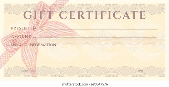 Voucher, Gift certificate, Coupon, ticket template. Guilloche pattern (watermark, spirograph). Background for banknote, money design, currency, bank note, check (cheque), ticket