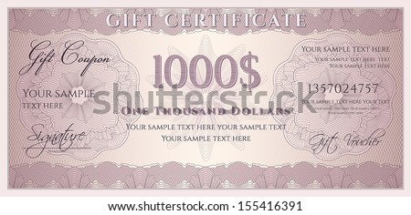 Voucher, Gift certificate, Coupon, ticket template. Guilloche pattern (watermark, spirograph). Background for banknote, money design, currency, bank note, check (cheque), ticket. Vector