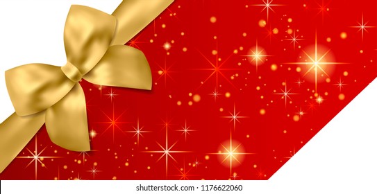 Voucher, Gift certificate, holiday reward card, Coupon template. Gold bow, ribbon on red background with sparkling stars. Blank vector design empty gift card